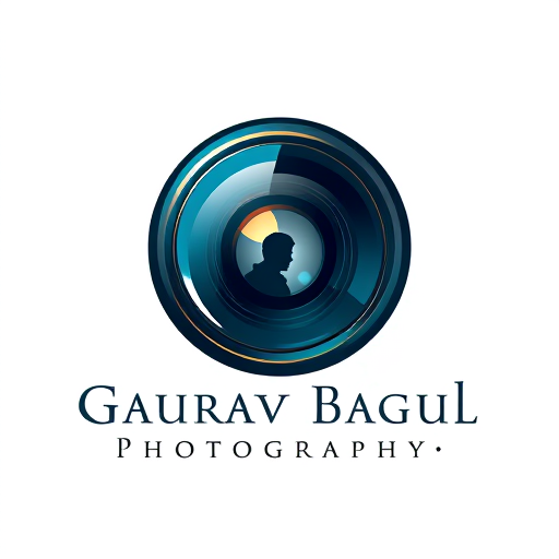 Professional logo design. Pictorial for a photography business named "Gaurav Bagul Photography": camera lens integrated with a subtle silhouette of a person, representing capturing moments and subjects, Dark Teal, Deep Navy, and a touch of Metallic Gold, Modern Sans-Serif with a clean, elegant feel. Design with a focus on fine art photography, incorporating elements of natural light and shadow, featuring a sharp, detailed rendering of the lens and a subtle, graceful silhouette, on a white background.