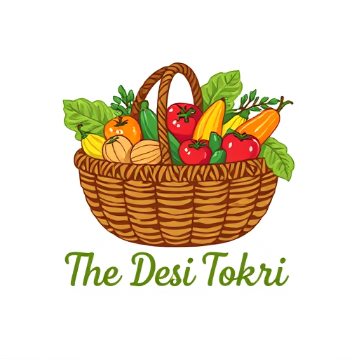 Professional logo design. Pictorial logo for a new Indian-inspired grocery brand named "The Desi Tokri": A beautifully illustrated woven basket overflowing with vibrant, fresh fruits and vegetables. Color palette: Earthy browns for the basket, with pops of rich greens, reds, oranges, and yellows for the produce, evoking freshness and abundance. Typography: A friendly, slightly rustic handwritten script or a clean, sans-serif font with a touch of warmth. Design: Modern Indian folk art influence, with a clean and inviting style. Visual execution: Detailed yet stylized illustrations of common Indian produce like mangoes, chilies, gourds, and leafy greens, arranged artfully in the basket. Background type: White or a subtle textured linen.