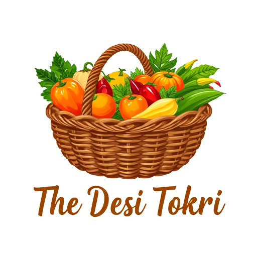 Professional logo design. wordmark for a new Indian-inspired grocery brand named "The Desi Tokri": A beautifully illustrated woven basket overflowing with vibrant, fresh fruits and vegetables. Color palette: Earthy browns for the basket, with pops of rich greens, reds, oranges, and yellows for the produce, evoking freshness and abundance. Typography: A friendly, slightly rustic handwritten script or a clean, sans-serif font with a touch of warmth. Design: Modern Indian folk art influence, with a clean and inviting style. Visual execution: Detailed yet stylized illustrations of common Indian produce like mangoes, chilies, gourds, and leafy greens, arranged artfully in the basket. Background type: White or a subtle textured linen.