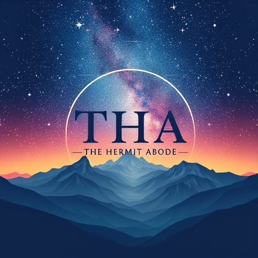 Professional logo design. Create a square-shaped logo for THA – The Hermit Abode. The design should feature a stunning Milky Way sky arching over majestic mountains, using realistic, vibrant colours. The name THA should be the focal point, with 'The Hermit Abode' elegantly integrated below or beside it. The overall style should be a detailed vector illustration, suitable for scaling without losing quality. The mood should feel serene, luxurious, and nature-inspired.