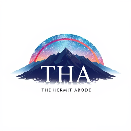 Professional logo design. Create a square-shaped logo for THA – The Hermit Abode. The design should feature a stunning Milky Way sky arching over majestic mountains, using realistic, vibrant colours. The name THA should be the focal point, with 'The Hermit Abode' elegantly integrated below or beside it. The overall style should be a detailed vector illustration, suitable for scaling without losing quality. The mood should feel serene, luxurious, and nature-inspired.