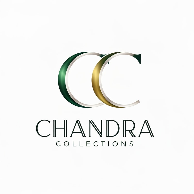 Professional logo design. Letterform for a jewelry business named "CC Chandra Collections": Abstract flowing lines forming the letters CC, evoking elegance and fluidity, Emerald green, deep gold, and subtle pearl white, A sophisticated, serif font for "Chandra Collections", influenced by Art Deco and modern luxury, delicate metallic sheen on the CC monogram, a clean white background