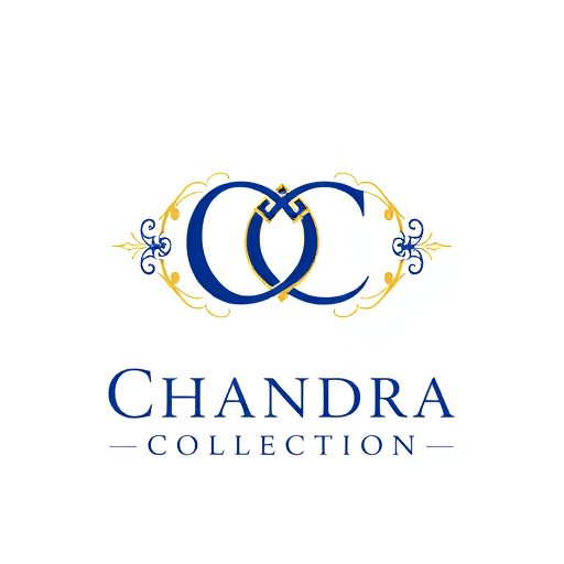 Professional logo design. Letterform logo for a luxury jewelry brand named "Chandra Collection": Intertwined CC monogram forming a subtle infinity symbol, representing timeless elegance and connection, Gold and deep sapphire blue, Elegant serif font for "Chandra Collection" below the monogram, Art Nouveau influence with delicate curves and flowing lines, Intricate filigree details on the edges of the CC, transparent background