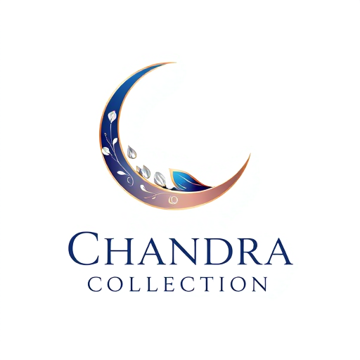 Professional logo design. Pictorial logo for an elegant and luxurious earring and intimate jewelry business named "Chandra Collection": a stylized crescent moon cradling delicate drops of dew, representing the moon's allure and the preciousness of jewelry, in a sophisticated palette of deep sapphire blue, rose gold, and pearl white. The typography will be a refined, modern serif font with subtle curves, evoking timeless elegance. Design with Art Nouveau influence and a touch of celestial fantasy, with intricate linework and subtle gradients to highlight the metallic sheen of the jewelry. The visual execution will feature soft, diffused lighting to enhance the luxurious feel. Plain white background.