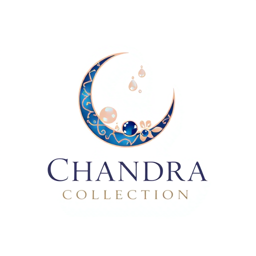 Professional logo design. Pictorial logo for an elegant and luxurious earring and intimate jewelry business named "Chandra Collection": a stylized crescent moon cradling delicate drops of dew, representing the moon's allure and the preciousness of jewelry, in a sophisticated palette of deep sapphire blue, rose gold, and pearl white. The typography will be a refined, modern serif font with subtle curves, evoking timeless elegance. Design with Art Nouveau influence and a touch of celestial fantasy, with intricate linework and subtle gradients to highlight the metallic sheen of the jewelry. The visual execution will feature soft, diffused lighting to enhance the luxurious feel. Plain white background.