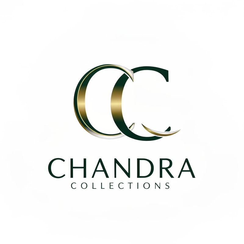 Professional logo design. Letterform for a jewelry business named "CC Chandra Collections": Abstract flowing lines forming the letters CC, evoking elegance and fluidity, Emerald green, deep gold, and subtle pearl white, A sophisticated, serif font for "Chandra Collections", influenced by Art Deco and modern luxury, delicate metallic sheen on the CC monogram, a clean white background