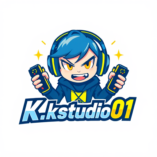 Professional logo design. Character for a gaming YouTuber named "K.kstudio01": A stylized, energetic cartoon character with headphones and a determined expression, representing fun and gaming, Blue and electric yellow, Bold and modern sans-serif font, Gaming and anime influence, a dynamic pose with gaming controllers and glowing accents, plain background