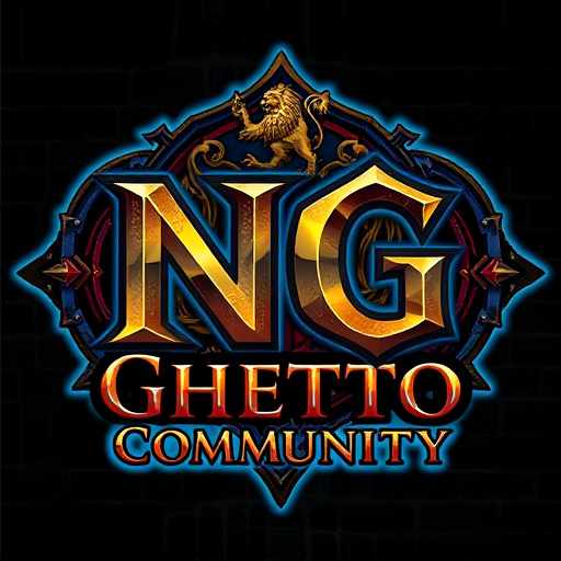 Professional logo design. Create a powerful fantasy-style logo featuring the large letters 'NG' as the main symbol, with the words 'Ghetto Community' written below. Design it for a World of Warcraft Alliance guild, blending noble Alliance aesthetics with gritty urban street style. Use a bold, medieval Gothic or graffiti-inspired font. Incorporate Alliance elements like a lion emblem, glowing blue runes, royal banners, or gold trimming. The background should have a stone or brick texture, with blue and gold lighting accents. The logo should feel heroic, powerful, and slightly rebellious — a fusion of royal fantasy and ghetto street energy. 'NG' should stand out as a bold, iconic emblem.