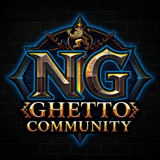 Professional logo design. Create a powerful fantasy-style logo featuring the large letters 'NG' as the main symbol, with the words 'Ghetto Community' written below. Design it for a World of Warcraft Alliance guild, blending noble Alliance aesthetics with gritty urban street style. Use a bold, medieval Gothic or graffiti-inspired font. Incorporate Alliance elements like a lion emblem, glowing blue runes, royal banners, or gold trimming. The background should have a stone or brick texture, with blue and gold lighting accents. The logo should feel heroic, powerful, and slightly rebellious — a fusion of royal fantasy and ghetto street energy. 'NG' should stand out as a bold, iconic emblem.