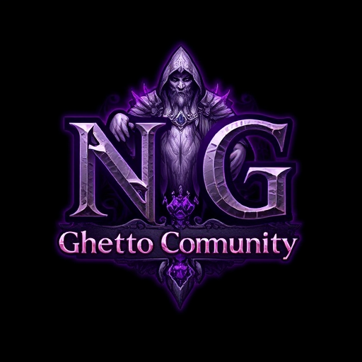 Professional logo design. Create a fantasy-style logo inspired by World of Warcraft with a shaman. The main text should be "NG", large and dominant, in a medieval or fantasy-style font. Below it, in a smaller but still readable font, add the text "Ghetto Community". Use a color scheme of purple and white, with mystical, glowing, or enchanted elements. The design should have a high-fantasy feel, with textures like stone, magic runes, or enchanted metal. Background can be dark or mystical to enhance the fantasy look.
