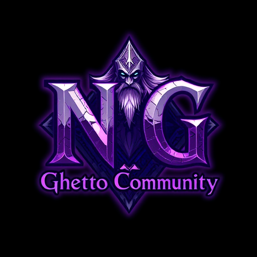 Professional logo design. Create a fantasy-style logo inspired by World of Warcraft with a shaman. The main text should be "NG", large and dominant, in a medieval or fantasy-style font. Below it, in a smaller but still readable font, add the text "Ghetto Community". Use a color scheme of purple and white, with mystical, glowing, or enchanted elements. The design should have a high-fantasy feel, with textures like stone, magic runes, or enchanted metal. Background can be dark or mystical to enhance the fantasy look.