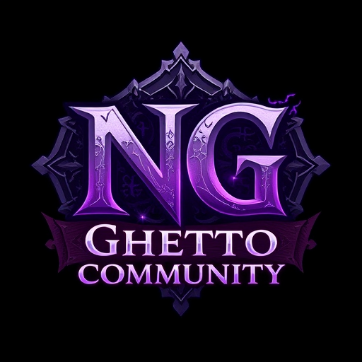 Professional logo design. Create a fantasy-style logo inspired by World of Warcraft. The main text should be "NG", large and dominant, in a medieval or fantasy-style font. Below it, in a smaller but still readable font, add the text "Ghetto Community". Use a color scheme of purple and white, with mystical, glowing, or enchanted elements. The design should have a high-fantasy feel, with textures like stone, magic runes, or enchanted metal. Background can be dark or mystical to enhance the fantasy look.