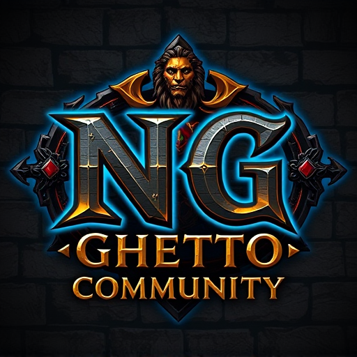 Professional logo design. Create a powerful fantasy-style logo featuring the large letters 'NG' as the main symbol, with the words 'Ghetto Community' written below. Design it for a World of Warcraft Alliance guild, blending noble Alliance aesthetics with gritty urban street style. Use a bold, medieval Gothic or graffiti-inspired font. Incorporate Alliance elements like a lion emblem, glowing blue runes, royal banners, or gold trimming. The background should have a stone or brick texture, with blue and gold lighting accents. The logo should feel heroic, powerful, and slightly rebellious — a fusion of royal fantasy and ghetto street energy. 'NG' should stand out as a bold, iconic emblem.