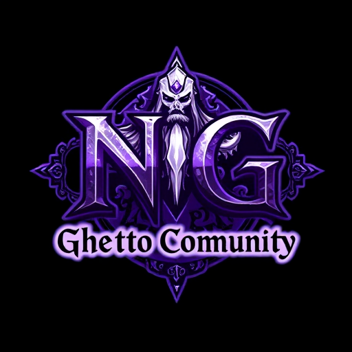 Professional logo design. Create a fantasy-style logo inspired by World of Warcraft with a shaman. The main text should be "NG", large and dominant, in a medieval or fantasy-style font. Below it, in a smaller but still readable font, add the text "Ghetto Community". Use a color scheme of purple and white, with mystical, glowing, or enchanted elements. The design should have a high-fantasy feel, with textures like stone, magic runes, or enchanted metal. Background can be dark or mystical to enhance the fantasy look.
