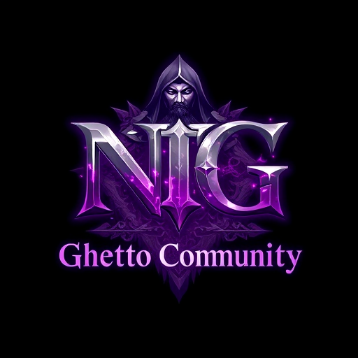 Professional logo design. Create a fantasy-style logo inspired by World of Warcraft with a shaman. The main text should be "NG", large and dominant, in a medieval or fantasy-style font. Below it, in a smaller but still readable font, add the text "Ghetto Community". Use a color scheme of purple and white, with mystical, glowing, or enchanted elements. The design should have a high-fantasy feel, with textures like stone, magic runes, or enchanted metal. Background can be dark or mystical to enhance the fantasy look.