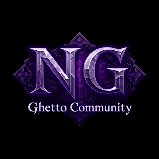 Professional logo design. Create a fantasy-style logo inspired by World of Warcraft. The main text should be "NG", large and dominant, in a medieval or fantasy-style font. Below it, in a smaller but still readable font, add the text "Ghetto Community". Use a color scheme of purple and white, with mystical, glowing, or enchanted elements. The design should have a high-fantasy feel, with textures like stone, magic runes, or enchanted metal. Background can be dark or mystical to enhance the fantasy look.