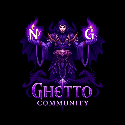 Professional logo design. Create a fantasy-style logo inspired by World of Warcraft. The central character should be a powerful shaman, standing or floating, holding the glowing letters "N" and "G" in each hand, as if channeling magical energy. The shaman should wear detailed, tribal or elemental armor, with glowing runes and totems. Use a purple and white color scheme for the magic and highlights. Below the character, add the text "Ghetto Community" in a fantasy font. In the background, include a mystical dragon in the shadows or clouds, adding a sense of epic fantasy. The entire composition should feel magical, dark, and inspired by World of Warcraft aesthetics.