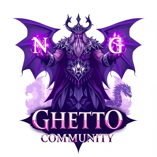 Professional logo design. Create a fantasy-style logo inspired by World of Warcraft. The central character should be a powerful shaman, standing or floating, holding the glowing letters "N" and "G" in each hand, as if channeling magical energy. The shaman should wear detailed, tribal or elemental armor, with glowing runes and totems. Use a purple and white color scheme for the magic and highlights. Below the character, add the text "Ghetto Community" in a fantasy font. In the background, include a mystical dragon in the shadows or clouds, adding a sense of epic fantasy. The entire composition should feel magical, dark, and inspired by World of Warcraft aesthetics.