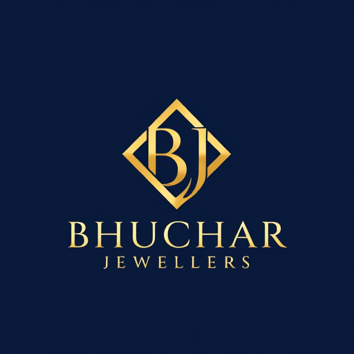Professional logo design. Minimalist emblem for a luxurious gold jewelry shop named "Bhuchar Jewellers (BJ)": Abstract interlocking 'B' and 'J' forming a subtle diamond shape, symbolizing luxury and craftsmanship, Gold, deep navy blue, and white, Elegant serif font with a slight flourish, inspired by Art Deco, Clean lines and precise geometric shapes, subtle metallic sheen, solid dark navy blue background.