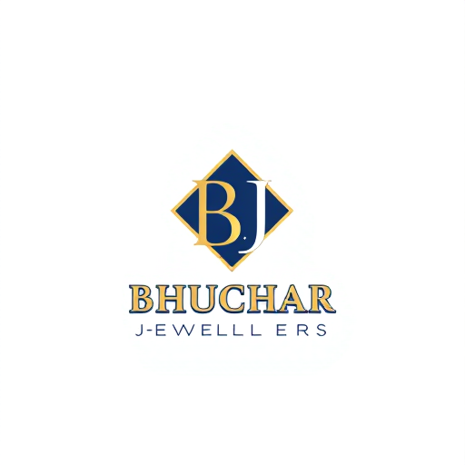 Professional logo design. Minimalist emblem for a luxurious gold jewelry shop named "Bhuchar Jewellers (BJ)": Abstract interlocking 'B' and 'J' forming a subtle diamond shape, symbolizing luxury and craftsmanship, Gold, deep navy blue, and white, Elegant serif font with a slight flourish, inspired by Art Deco, Clean lines and precise geometric shapes, subtle metallic sheen, solid dark navy blue background.