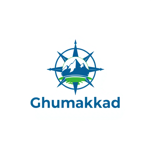Professional logo design. Minimalist for a tour tourism company named "Ghumakkad": A stylized compass rose integrated with a mountain silhouette, representing exploration and scenic destinations, Blue and green, evoking nature and tranquility, Clean and modern sans-serif font, modern, Clean lines and subtle gradients, vector illustration, White background