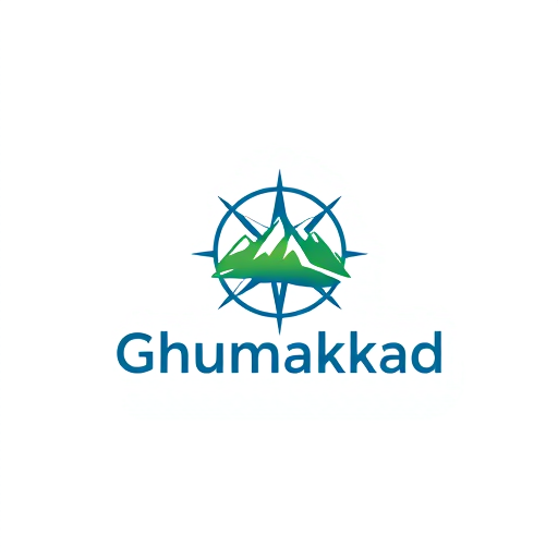 Professional logo design. Minimalist for a tour tourism company named "Ghumakkad": A stylized compass rose integrated with a mountain silhouette, representing exploration and scenic destinations, Blue and green, evoking nature and tranquility, Clean and modern sans-serif font, modern, Clean lines and subtle gradients, vector illustration, White background