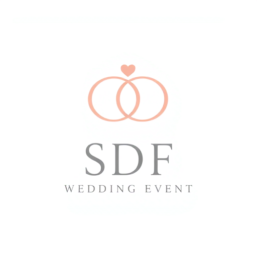 Professional logo design. Minimalist emblem for a wedding event planner named "SDF WEDDING EVENT": Intertwined wedding rings forming an elegant "S" and "D" within a subtle heart shape. Soft blush pink, rose gold, and a muted grey. A modern, clean sans-serif font for "SDF" and a more romantic, flowing script for "WEDDING EVENT". Elegant and sophisticated, with a touch of romance. Clean lines, smooth gradients, and a refined aesthetic. White background.