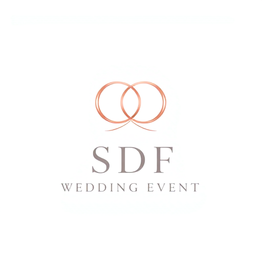 Professional logo design. Minimalist emblem for a wedding event planner named "SDF WEDDING EVENT": Intertwined wedding rings forming an elegant "S" and "D" within a subtle heart shape. Soft blush pink, rose gold, and a muted grey. A modern, clean sans-serif font for "SDF" and a more romantic, flowing script for "WEDDING EVENT". Elegant and sophisticated, with a touch of romance. Clean lines, smooth gradients, and a refined aesthetic. White background.