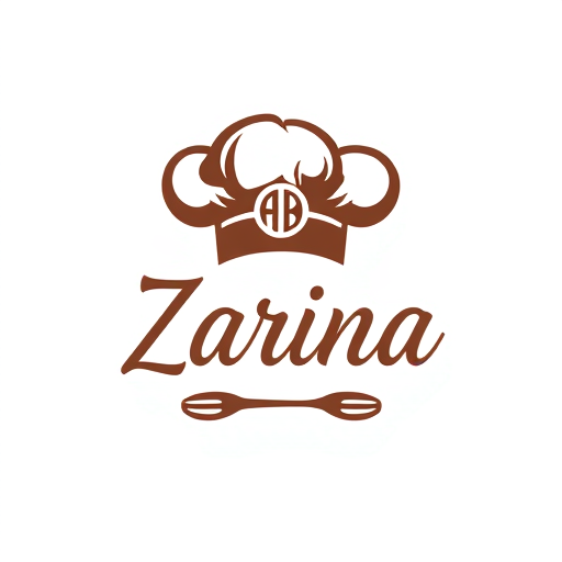 Professional logo design. Zarina kitchen logo with chef hat and initials in hat and design with spoon and fork in cursive 