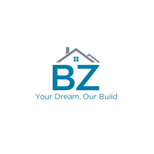 Professional logo design. Design a modern, minimalist, and professional logo for a construction and renovation brand, featuring the initials ‘BZ’ as the main focus. Include the slogan: ‘Your Dream, Our Build’. The logo should convey trust, quality, and creativity. Incorporate subtle elements like houses, buildings, or construction tools in a sleek and elegant way. Use a clean, bold font. Preferred colors: blue, gray, white, or earthy tones. The logo must be versatile for social media, business cards, and signage, and look great in both full color and monochrome. High-resolution output required.