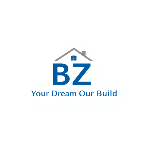 Professional logo design. Design a modern, minimalist, and professional logo for a construction and renovation brand, featuring the initials ‘BZ’ as the main focus. Include the slogan: ‘Your Dream, Our Build’. The logo should convey trust, quality, and creativity. Incorporate subtle elements like houses, buildings, or construction tools in a sleek and elegant way. Use a clean, bold font. Preferred colors: blue, gray, white, or earthy tones. The logo must be versatile for social media, business cards, and signage, and look great in both full color and monochrome. High-resolution output required.