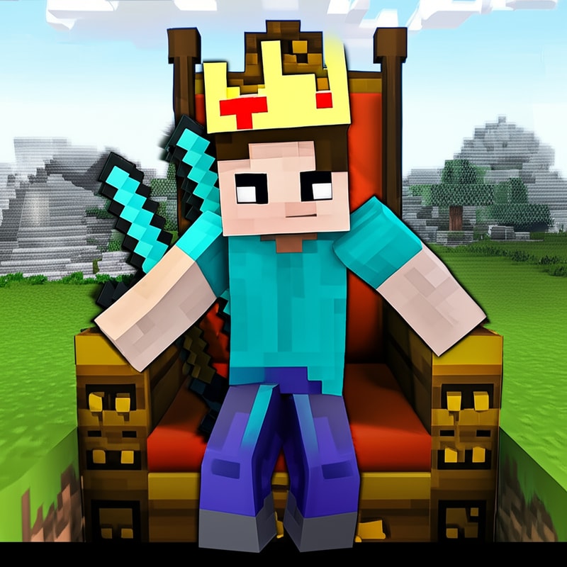 Make a minecraft character hold a sword and wears a crown and stand on ground and a king chair in back side and add a gaming vibe in background
