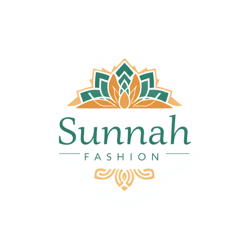 Professional logo design. Pictorial for a modest fashion brand named "Sunnah Fashion - সুন্নাহ ফ্যাশন": Islamic geometric patterns subtly integrated with flowing fabric elements, warm earthy tones with accents of deep blue or emerald green, elegant and legible Bengali and Latin script, inspired by traditional Islamic art and modern minimalist aesthetics, delicate line work and subtle textures, clean white background.