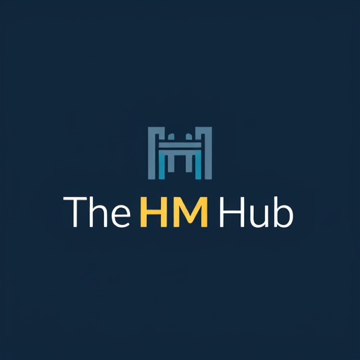 Professional logo design. Letterform for an online hotel management education platform named "The HM Hub": A stylized "H" forming a central hub with subtle architectural or key elements, set against a dark background. Dark blue, charcoal grey, and a bright accent color like gold or teal for text and key elements. Clean, modern sans-serif typography for "The HM Hub". The design should be minimalist and professional, drawing influence from modern educational platforms and a subtle nod to the hospitality industry. Focus on a clean, geometric design with the "H" as the primary visual element, subtly integrating the hub concept. White or light grey for the text and primary graphic elements, on a deep navy or charcoal background.