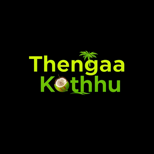 Professional logo design. Desing a logo using the text Thengaa Kothhu.The background should be in black and the text should be lime.Add a coconut tree at the end of the text