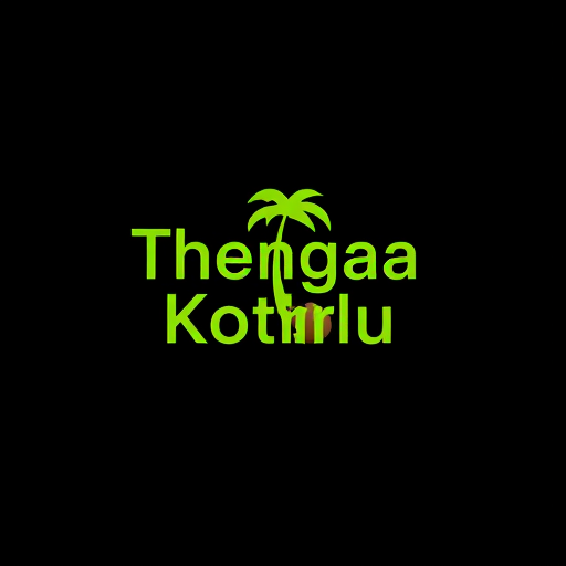 Professional logo design. Desing a logo using the text Thengaa Kothhu.The background should be in black and the text should be lime.Add a coconut tree at the end of the text