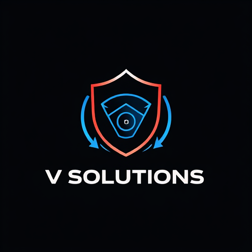 Professional logo design. 📛 Name Suggestion V SOLUTIONS ________________________________________ 🎨 Theme & Style • Theme: YOUR SAFETY IS OUR PRIORITY • Style: Modern, minimal, professional, tech-inspired ________________________________________ 🌈 Colors • Blue → Trust, safety, technology • Black/Grey → Strength, professionalism • Red (accent) → Alertness, warning, protection ________________________________________ ✨ Vibe & Inspiration • A shield + CCTV camera icon merged together (symbol of protection) • Clean typography with bold, futuristic fonts • Circular shape to symbolize 360° surveillance • Simple but powerful look (works on both digital and print) ________________________________________ 👉 PLEASE design and show logo image for this concept 