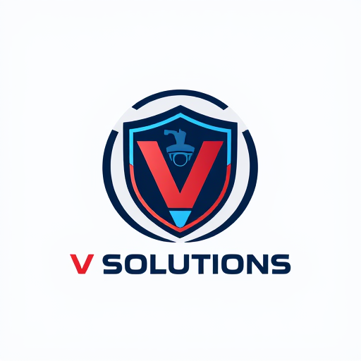 Professional logo design. 📛 Name Suggestion V SOLUTIONS ________________________________________ 🎨 Theme & Style • Theme: YOUR SAFETY IS OUR PRIORITY • Style: Modern, minimal, professional, tech-inspired ________________________________________ 🌈 Colors • Blue → Trust, safety, technology • Black/Grey → Strength, professionalism • Red (accent) → Alertness, warning, protection ________________________________________ ✨ Vibe & Inspiration • A shield + CCTV camera icon merged together (symbol of protection) • Clean typography with bold, futuristic fonts • Circular shape to symbolize 360° surveillance • Simple but powerful look (works on both digital and print) ________________________________________ 👉 PLEASE design and show logo image for this concept 