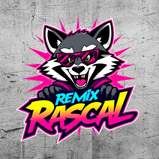 Professional logo design. Character for a mischievous animated raccoon mascot named "Remix Rascal": A dynamic, urban street art style, vibrant neon and graffiti colors, bold, graffiti-inspired lettering. Design with influences from 90s hip-hop culture and anime, with a focus on expressive character design and energetic lines, on a distressed concrete background.