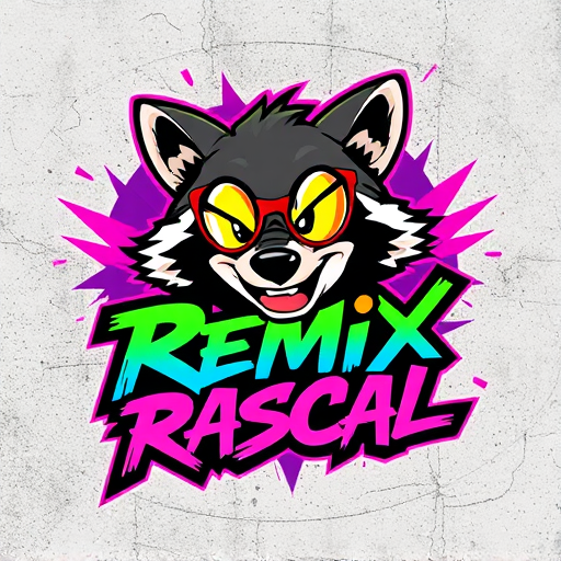 Professional logo design. Character for a mischievous animated raccoon mascot named "Remix Rascal": A dynamic, urban street art style, vibrant neon and graffiti colors, bold, graffiti-inspired lettering. Design with influences from 90s hip-hop culture and anime, with a focus on expressive character design and energetic lines, on a distressed concrete background.