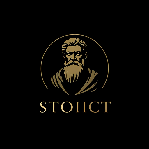 Professional logo design. A logo featuring a serene, contemplative Stoic philosopher, set against a dark background that symbolizes Stoicism's core principles of simplicity, nature, and wisdom. Dark mood, dark background, no text