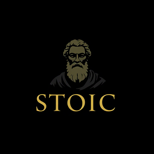 Professional logo design. A logo featuring a serene, contemplative Stoic philosopher, set against a dark background that symbolizes Stoicism's core principles of simplicity, nature, and wisdom. Dark mood, dark background, no text
