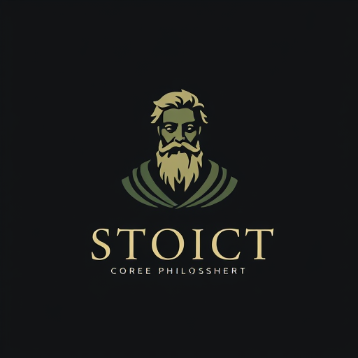 Professional logo design. A logo featuring a serene, contemplative Stoic philosopher, set against a dark background that symbolizes Stoicism's core principles of simplicity, nature, and wisdom. Dark mood, dark background, no text