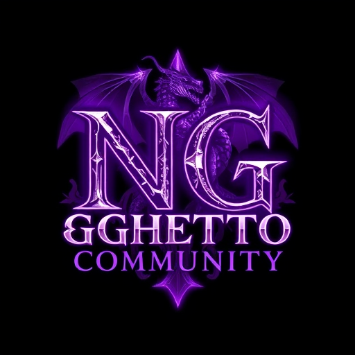 Professional logo design. Letterform Logo for a fantasy community named "NG Ghetto Community": "NG" dominant in a medieval fantasy font, "Ghetto Community" smaller in a readable fantasy font. Purple and white color scheme with glowing, enchanted effects. A powerful, mystical dragon in the background. Inspired by World of Warcraft, dark-fantasy style with high detail, glowing runes, magical aura, and enchanted textures. Dark, mystical background.