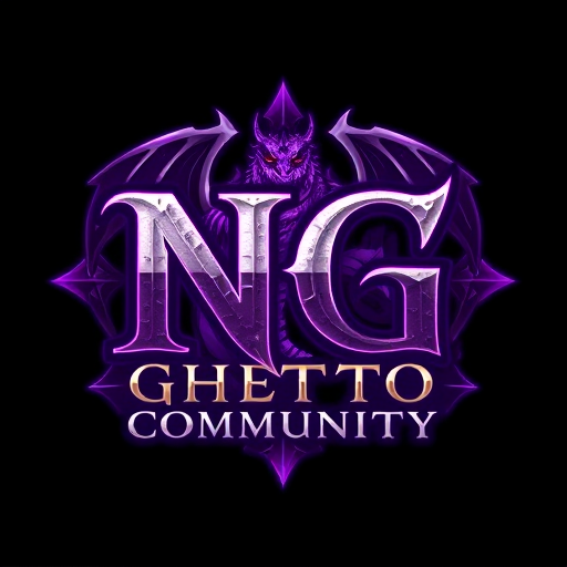 Professional logo design. Create a fantasy-style logo inspired by World of Warcraft. The main text should be "NG", large and dominant, in a medieval or fantasy-style font. Below it, in a smaller but readable fantasy font, add the text "Ghetto Community". Use a purple and white color scheme, with glowing or enchanted effects. In the background, include a powerful dragon, designed in a mystical or epic fantasy style — similar to the dragons in World of Warcraft. The overall design should feel magical, dark-fantasy, and high-detail, with elements like glowing runes, magical aura, or enchanted textures. Dark or mystical background preferred to enhance contrast.