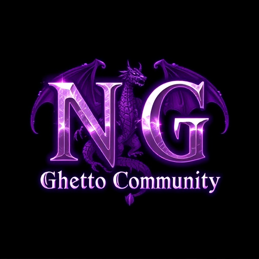 Professional logo design. Create a fantasy-style logo inspired by World of Warcraft. The main text should be "NG", large and dominant, in a medieval or fantasy-style font. Below it, in a smaller but readable fantasy font, add the text "Ghetto Community". Use a purple and white color scheme, with glowing or enchanted effects. In the background, include a powerful dragon, designed in a mystical or epic fantasy style — similar to the dragons in World of Warcraft. The overall design should feel magical, dark-fantasy, and high-detail, with elements like glowing runes, magical aura, or enchanted textures. Dark or mystical background preferred to enhance contrast.