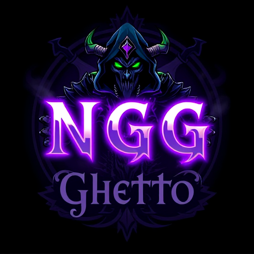 Professional logo design. Create a dark fantasy logo inspired by World of Warcraft, featuring Gul'dan, the iconic warlock character. He should be in the center, holding the glowing letters "N" and "G" in his hands, as if conjuring them with fel magic. Gul'dan should look powerful and menacing, wearing his classic hooded armor with skulls, bones, and glowing green or purple energy. The letters "N" and "G" should glow in purple and white, symbolizing magical energy. Below Gul'dan, add the text "Ghetto Community" in a gothic or fantasy-style font. In the background, include a mystical dragon, partially hidden in mist or shadows. The overall aesthetic should feel dark, magical, and inspired by the World of Warcraft universe.