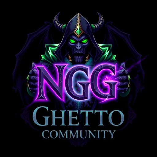 Professional logo design. Create a dark fantasy logo inspired by World of Warcraft, featuring Gul'dan, the iconic warlock character. He should be in the center, holding the glowing letters "N" and "G" in his hands, as if conjuring them with fel magic. Gul'dan should look powerful and menacing, wearing his classic hooded armor with skulls, bones, and glowing green or purple energy. The letters "N" and "G" should glow in purple and white, symbolizing magical energy. Below Gul'dan, add the text "Ghetto Community" in a gothic or fantasy-style font. In the background, include a mystical dragon, partially hidden in mist or shadows. The overall aesthetic should feel dark, magical, and inspired by the World of Warcraft universe.