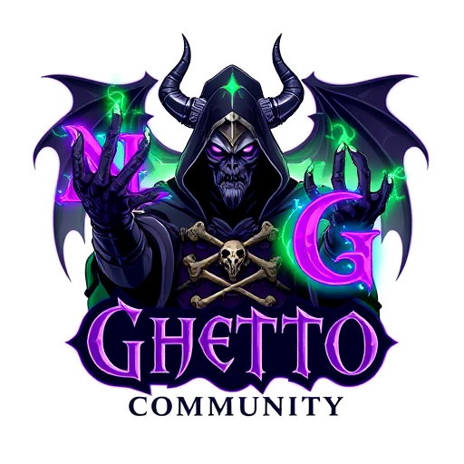 Professional logo design. Character logo for a gaming community named "Ghetto Community": Gul'dan, the iconic warlock from World of Warcraft, at the center, conjuring glowing purple and white letters "N" and "G" with fel magic, exuding power and menace. His classic hooded armor adorned with skulls and bones, emitting a green and purple energy glow. A mystical dragon partially obscured by mist or shadows in the background. Dark fantasy aesthetic inspired by World of Warcraft. Deep purples, dark greens, bone white, and shadowy blacks. Gothic or fantasy-style font for the community name, placed below Gul'dan.