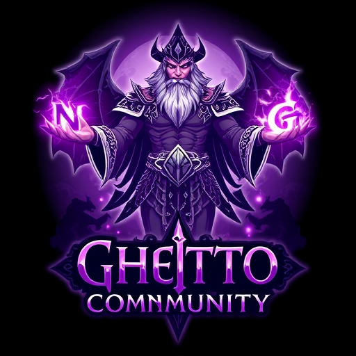 Professional logo design. Create a fantasy-style logo inspired by World of Warcraft. The central character should be a powerful shaman, standing or floating, holding the glowing letters "N" and "G" in each hand, as if channeling magical energy. The shaman should wear detailed, tribal or elemental armor, with glowing runes and totems. Use a purple and white color scheme for the magic and highlights. Below the character, add the text "Ghetto Community" in a fantasy font. In the background, include a mystical dragon in the shadows or clouds, adding a sense of epic fantasy. The entire composition should feel magical, dark, and inspired by World of Warcraft aesthetics.